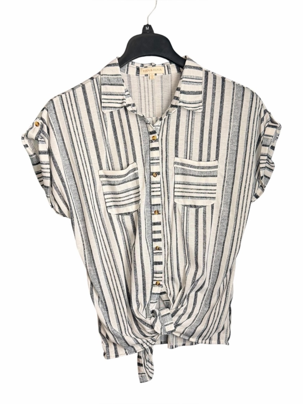 Women Eden & Olivia Button Down Tie Front Black White Striped Shirt Large